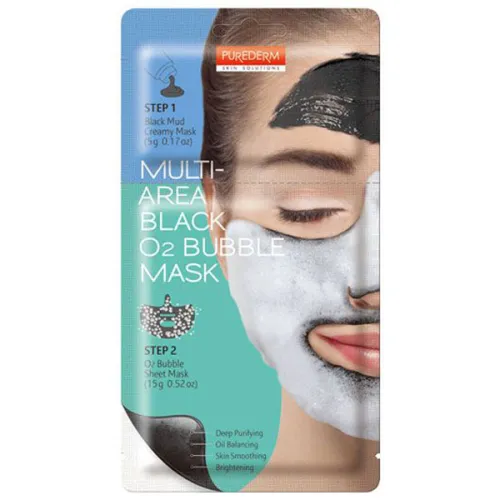 Двухкомпонентная очищающая кислородная маска для лица Purederm Multi-Area Black O2 Bubble Mask, 5 г. + 15 г.