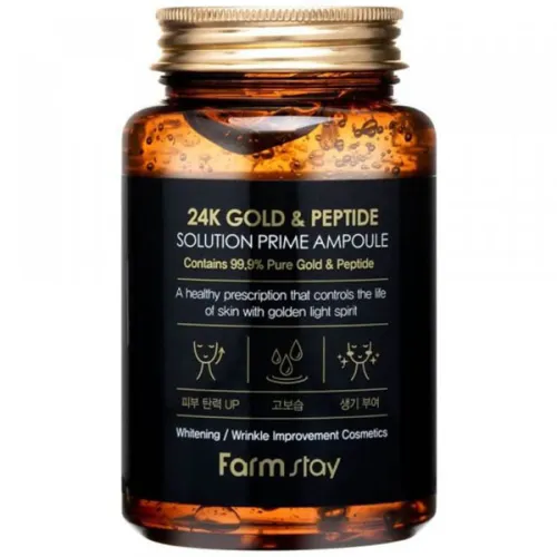 Антивікова ампульна сироватка FarmStay 24K Gold & Peptide Solution Prime Ampoule з 24K золотом і пептидами, 250 мл.