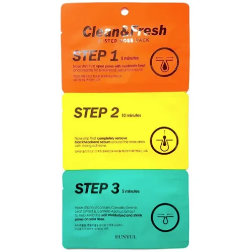Трехэтапные полоски для носа от черных точек Eunyul Clean & Fresh 3-Step Nose Pack, 2 шт. х 3 г. + 0.2 г.