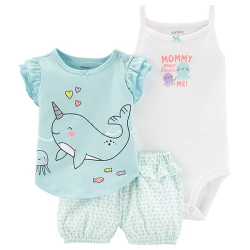 Бодик, футболка и шорты выполненные в морской теме Carter’s Narwhal Little Short Set