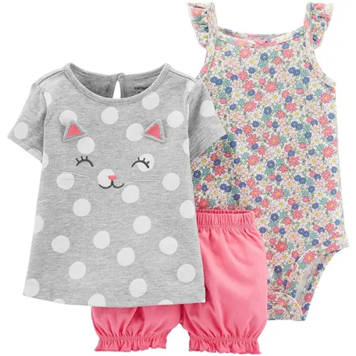 Бодик, футболка и шорты Carter’s Little Bubble Short Set с принтом котика и цветами