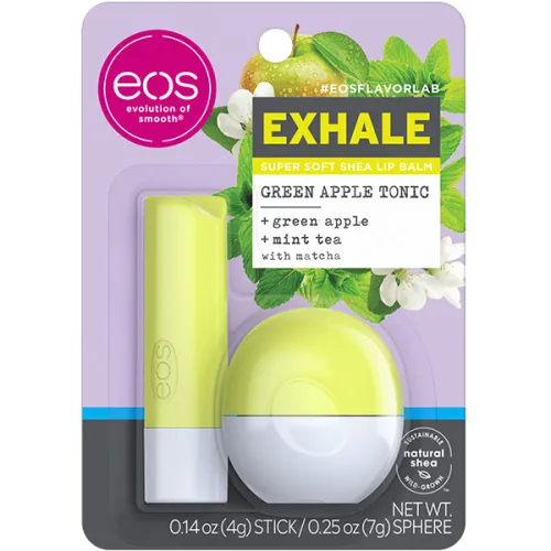 Набор бальзамов для губ «зеленое яблоко и мята» EOS Flavorlab Exhale Super Soft Shea Lip Balm Green Apple Tonix, 7 г. + 4 г.