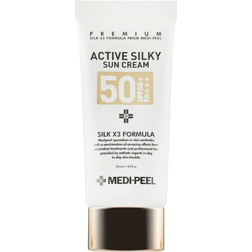 Солнцезащитный крем для лица Medi Peel Active Silky Sun Cream SPF50+ PA+++ с пептидами и аминокислотами шелка, 50 мл.