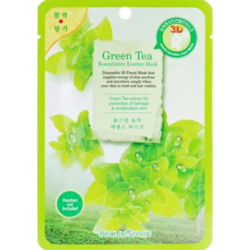 Тканинна маска для обличчя Beauugreen 3D Green Tea Essence Mask з екстрактом зеленого чаю, 23 мл.