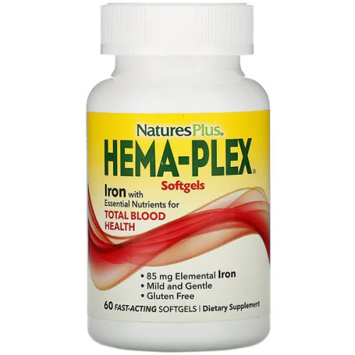 Залізо Nature’s Plus Hema-Plex 60 Fast-Acting Softgels 85 mg з поживними речовинами для здоров’я крові, 85 мг.