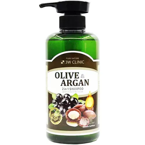 Відновлюючий шампунь для волосся 3W Clinic Olive & Argan 2in1 Shampoo з олією аргани та оливи, 500 мл.