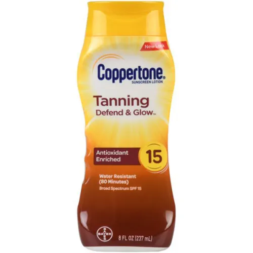 Сверкающий солнцезащитный лосьон для лица и тела Coppertone Tanning Defend & Glow Sunscreen Lotion SPF15, 237 мл.