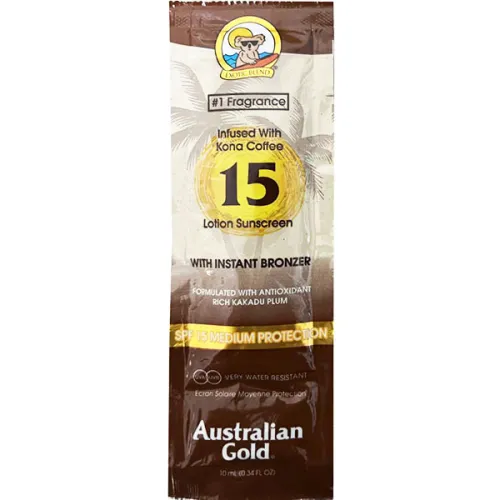 Солнцезащитный лосьон Australian Gold Sunscreen Lotion With Kona Coffee Infused Bronzer SPF15 с экстрактом кофе Кона, 15 мл.