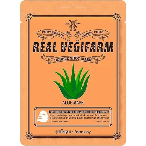 Тканинна маска для обличчя Fortheskin Super Food Real Vegifarm Double Shot Aloe Mask з екстрактом алое, 23 мл.
