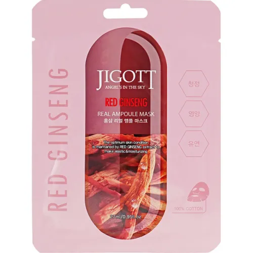 Тканинна ампульна маска для обличчя Jigott Red Ginseng Real Ampoule Mask з екстрактом червоного женьшеню, 27 мл.