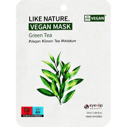 Тканевая маска для лица Eyenlip Like Nature Vegan Mask Green Tea с экстрактом зеленого чая, 25 мл.
