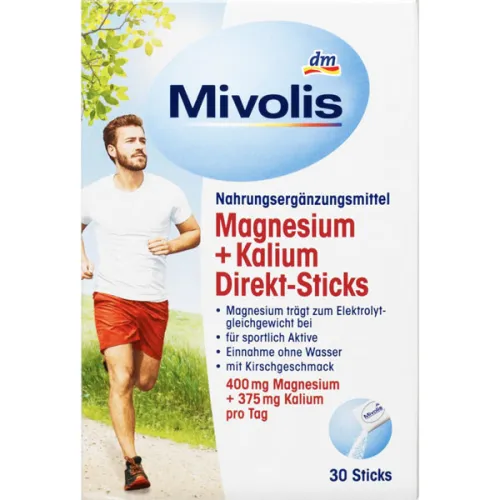 Магній та калій у стіках для прийому без води Mivolis Magnesium + Kalium Direkt-Sticks, 30 шт. х 3.75 г.