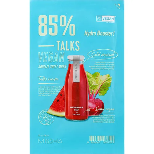 Тканевая маска для лица Missha Talks Vegan Squeeze Sheet Mask Hydro Booster с экстрактом арбуза и свеклы, 27 г.