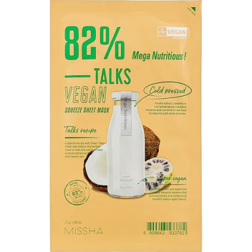 Тканинна маска для обличчя Missha Talks Vegan Squeeze Sheet Mask Mega Nutritious з екстрактом кокосу та ноні, 27 г.