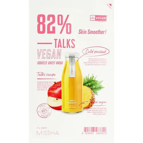 Тканевая маска для лица Missha Talks Vegan Squeeze Sheet Mask Skin Smoother с экстрактом яблока и ананаса, 27 г.