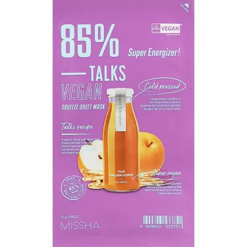 Тканевая маска для лица Missha Talks Vegan Squeeze Sheet Mask Super Energizer с экстрактом груши и корня колокольчика, 27 г.