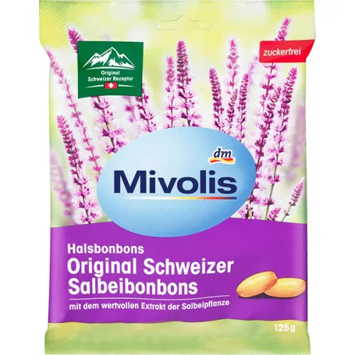 Пастилки для горла «швейцарский шалфей» Mivolis Bonbon Original Swiss Sage, 125 г.