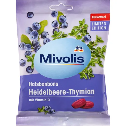 Чернично-тимьянные конфеты для горла без сахара Mivolis Blueberry-Thyme Candy, 75 г.