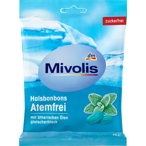 Пастилки для горла Mivolis Throat Candy Breathless с ментолом и маслом перечной мяты, 75 г.