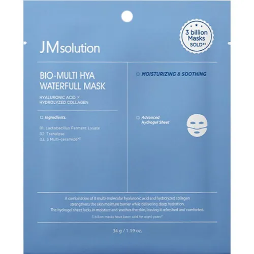 Зволожуюча тканинна маска для обличчя JMsolution Bio-Multi Hya Waterfull Mask з гіалуроновою кислотою та колагеном, 34 мл.