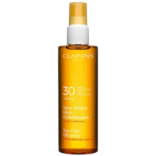 Суха сонцезахисна олія-спрей для тіла та волосся Clarins Sunscreen Care Oil Spray SPF30, 150 мл.
