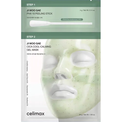 Двухэтапная очищающая гель-маска для лица Celimax Ji Woo Gae Cica PHA Peel 2-Step Gel Mask с экстрактом центеллы и PHA, 34 г.