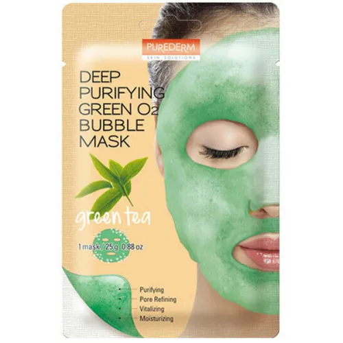 Киснева тканинна маска Purederm Deep Purifying Green O2 Bubble Mask Green Tea з екстрактом зеленого чаю, 25 г.