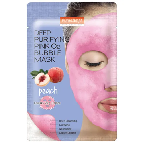Киснева тканинна маска Purederm Deep Purifying Pink O2 Bubble Mask Peach з екстрактом персика, 25 г.