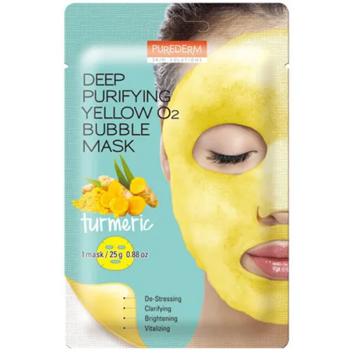 Киснева тканинна маска для обличчя екстрактом куркуми Purederm Deep Purifying Yellow O2 Bubble Mask Turmeric, 25 г.
